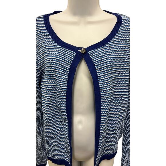 Liz Claiborne Cardigan SZ M Blue White One Button Front Knit Sweater Cotton Navy - Picture 2 of 4